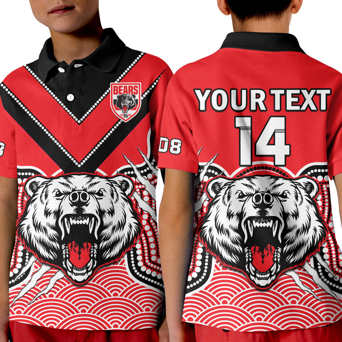 (Custom Text And Number) North Sydney Rugby Polo Shirt KID Bears 1908 Indigenous Pattern - Vibe Hoodie Shop