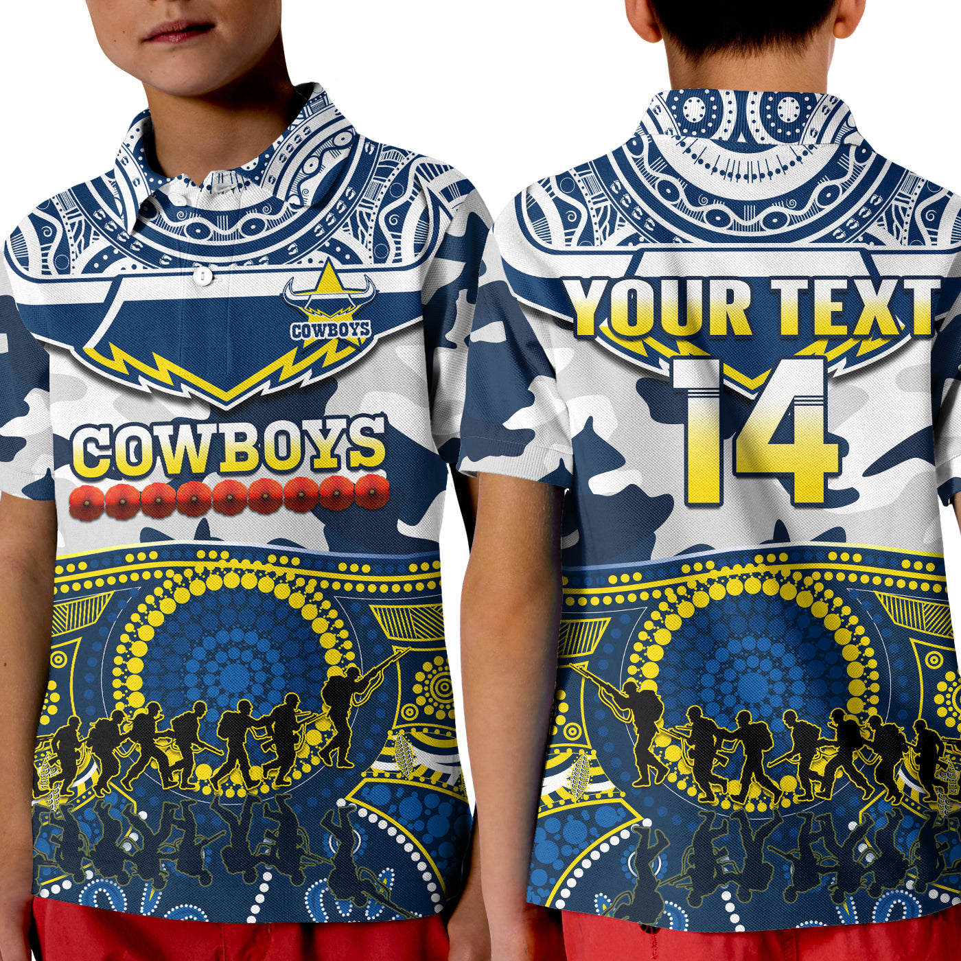 (Custom Text And Number) Cowboys Rugby ANZAC Polo Shirt KID Indigenous Poppy Mix Camouflage - Vibe Hoodie Shop