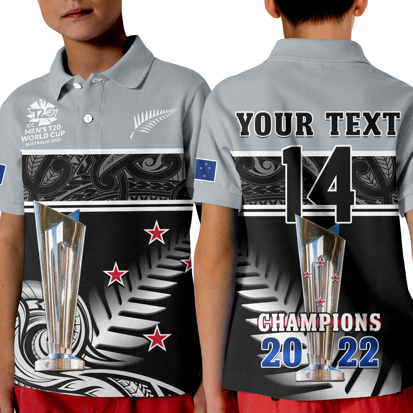 (Custom Text And Number) New Zealand Cricket Polo Shirt KID Black Caps Champions Mens T20 WC 2022 - Vibe Hoodie Shop