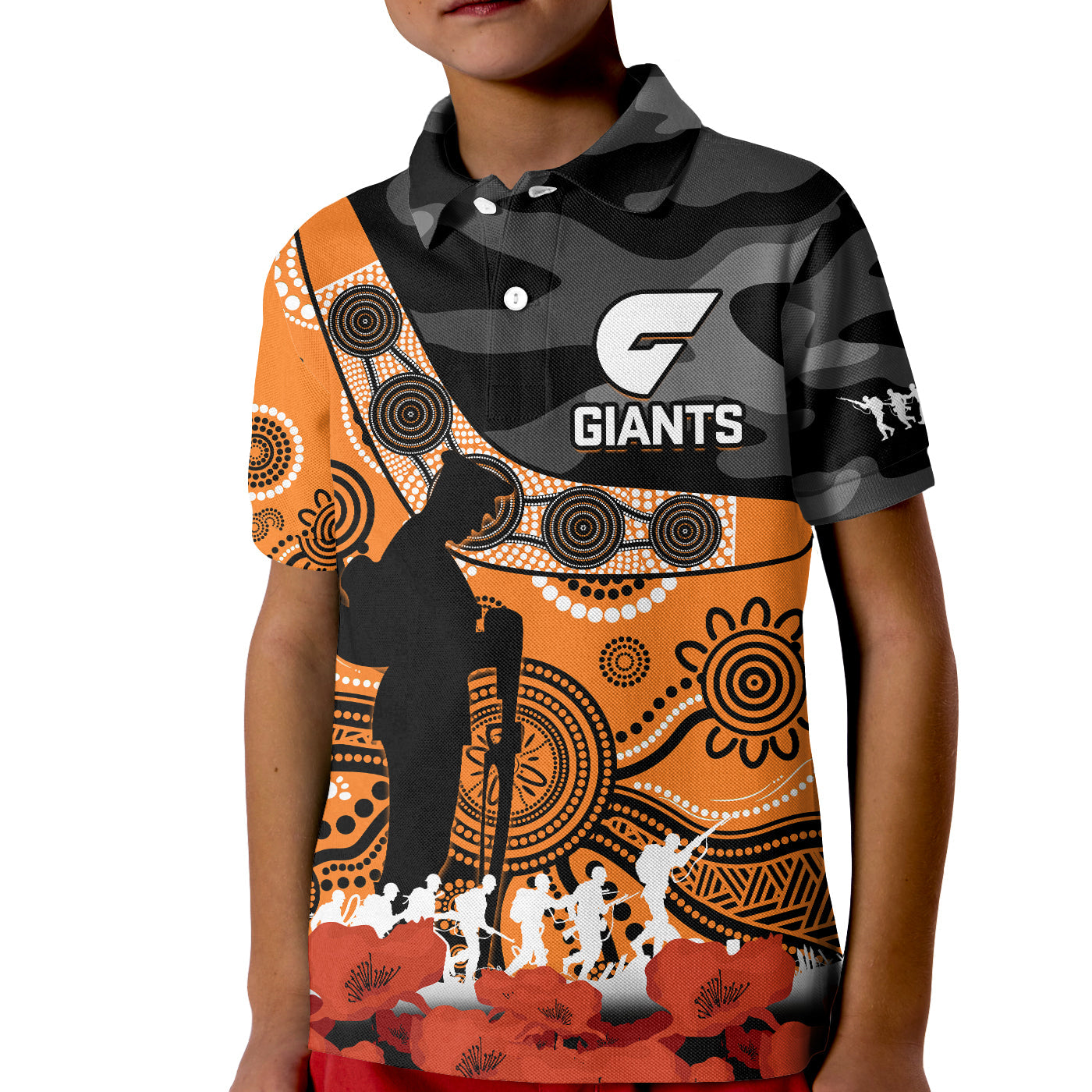 (Custom Text And Number) Giants Football ANZAC 2023 Polo Shirt KID GWS Aboriginal Mix Poppy Camouflage - Vibe Hoodie Shop