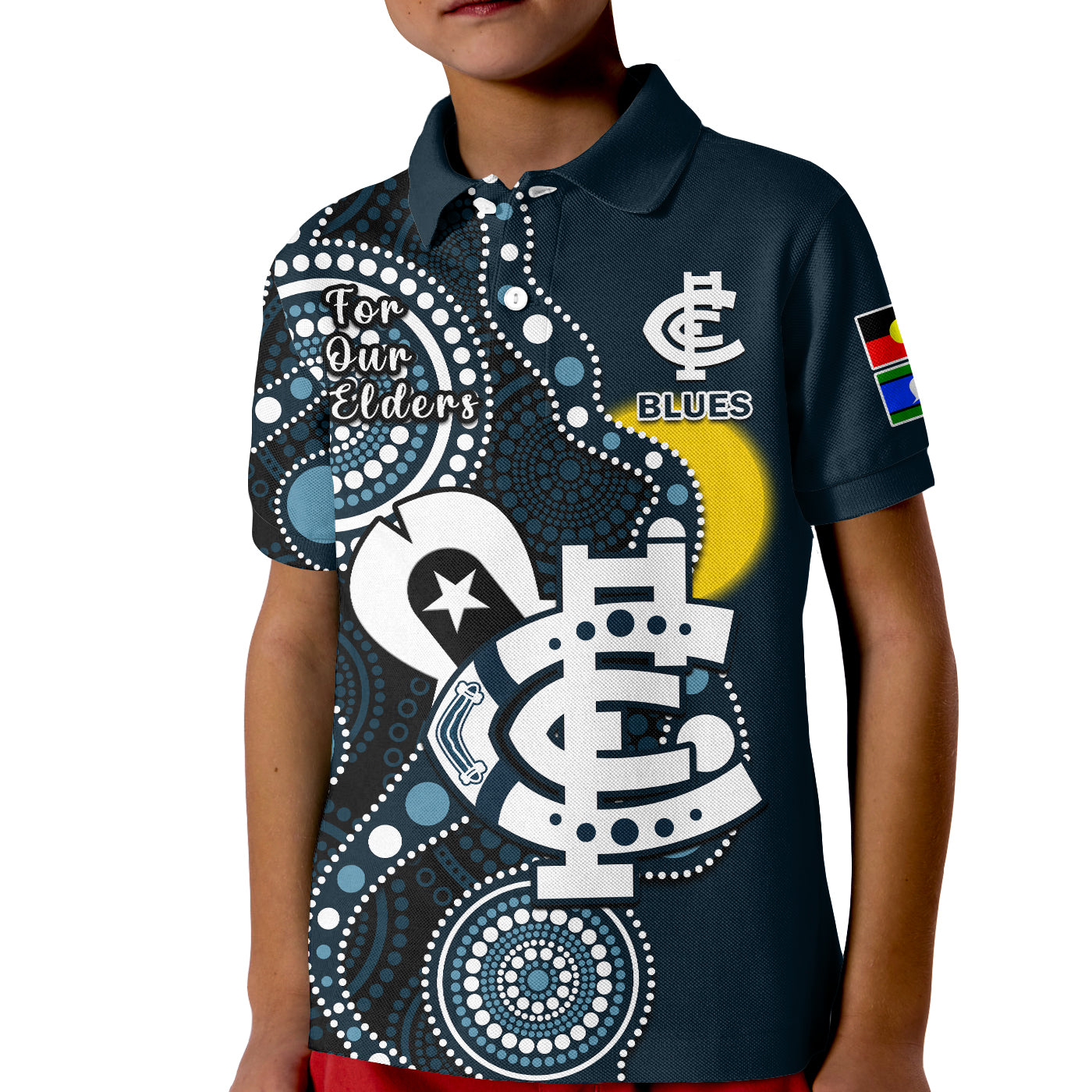 (Custom Text And Number) Carlton Football NAIDOC 2023 Polo Shirt KID Blues For Our Elders Indigenous Art - Vibe Hoodie Shop