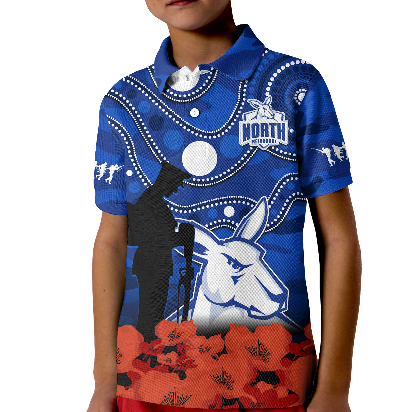 (Custom Text And Number) North Melbourne Football ANZAC 2023 Polo Shirt KID Kangaroos Aboriginal Mix Poppy Camouflage - Vibe Hoodie Shop