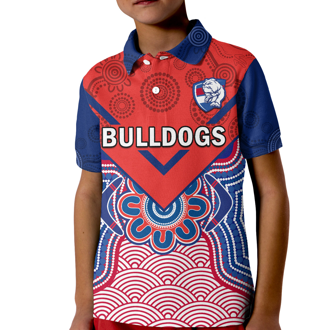 (Custom Text And Number) Bulldogs Football Polo Shirt KID Western Doggies Aboriginal Art - Vibe Hoodie Shop