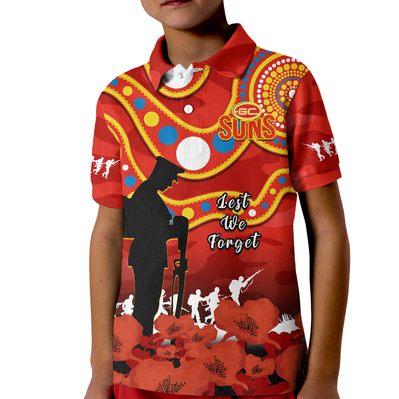 (Custom Text And Number) Gold Coast Football ANZAC 2023 Polo Shirt KID Suns Aboriginal Mix Poppy Camouflage - Vibe Hoodie Shop