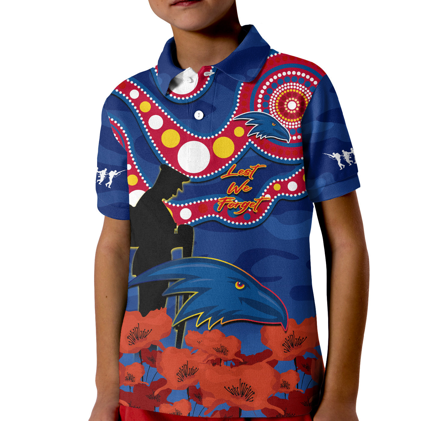 (Custom Text And Number) Adelaide Football ANZAC 2023 Polo Shirt KID Crows Aboriginal Mix Poppy Camouflage - Vibe Hoodie Shop