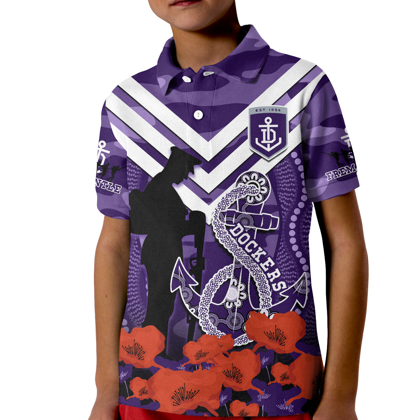 (Custom Text And Number) Dockers Football ANZAC 2023 Polo Shirt KID Aboriginal Mix Poppy Camouflage - Vibe Hoodie Shop