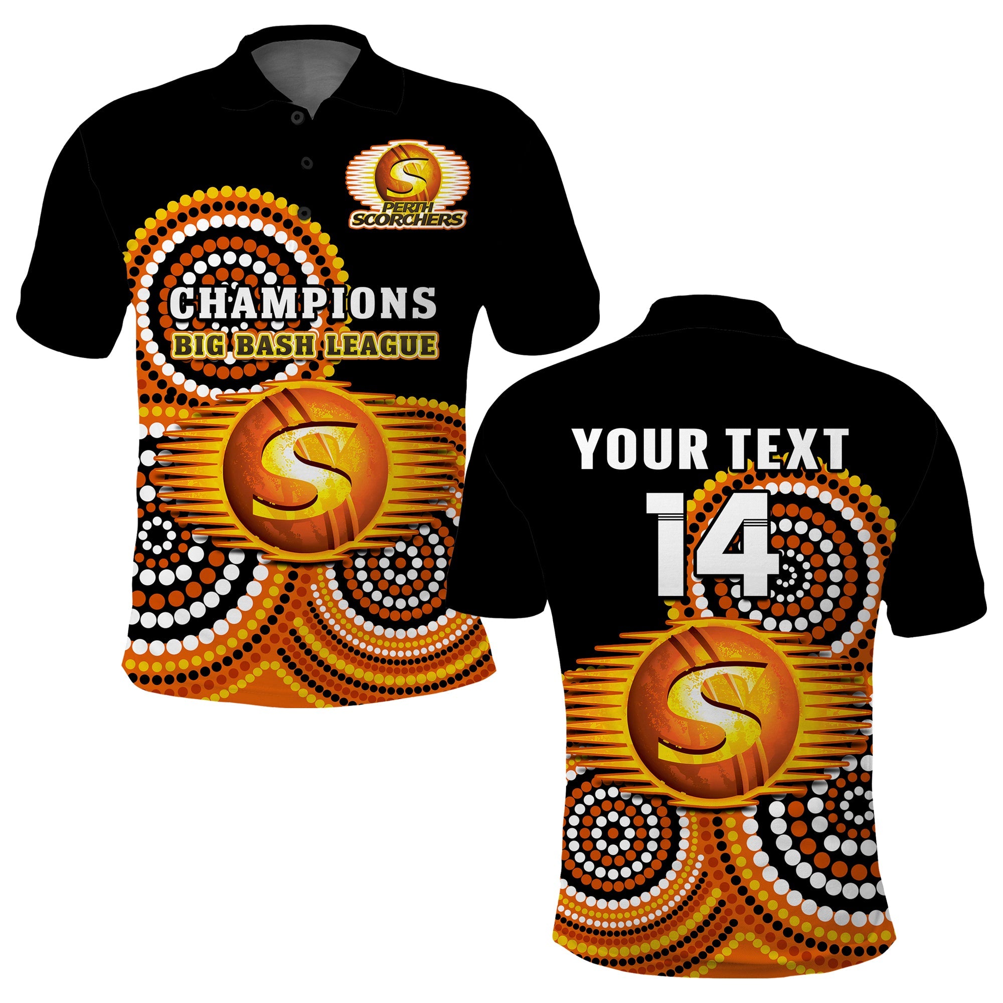 (Custom Text And Number) Perth Scorchers Cricket Polo Shirt Champions BBL12 Proud Indigenous Art - Vibe Hoodie Shop