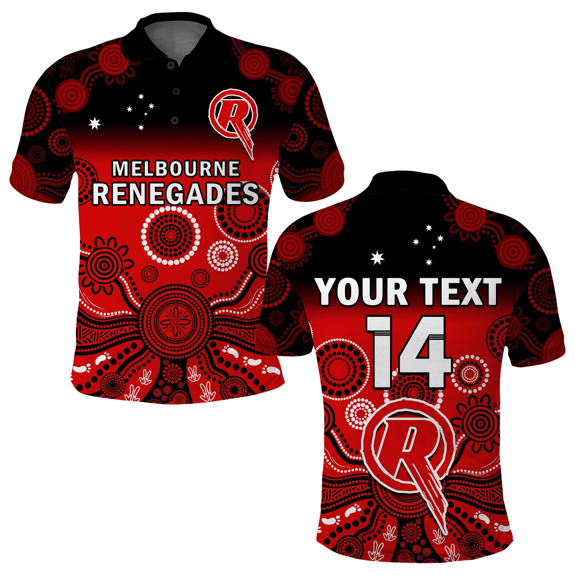 (Custom Text And Number) Renegades Cricket Polo Shirt Melbourne Gradient Aboriginal Art - Vibe Hoodie Shop