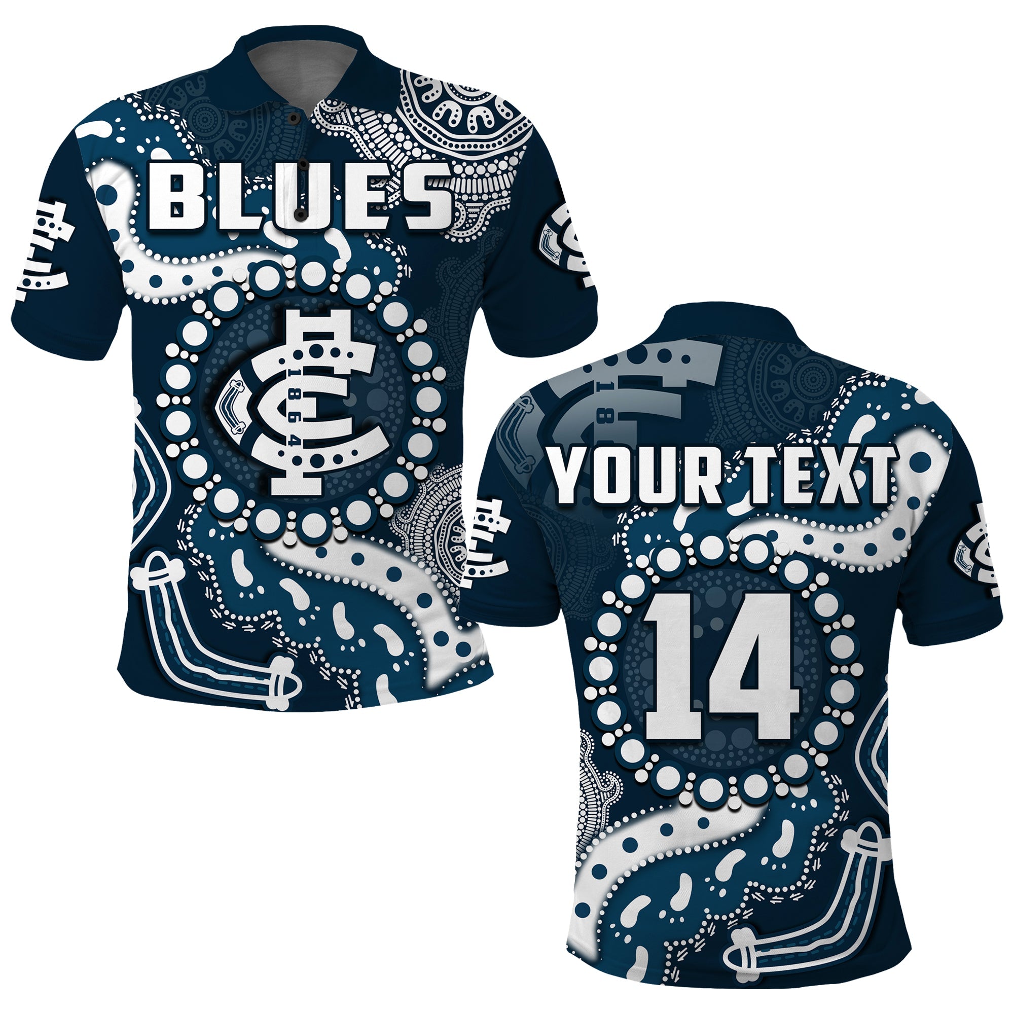 (Custom Text And Number) Carlton Football Polo Shirt Blues 1864 Boomerang Indigenous Artsy - Vibe Hoodie Shop