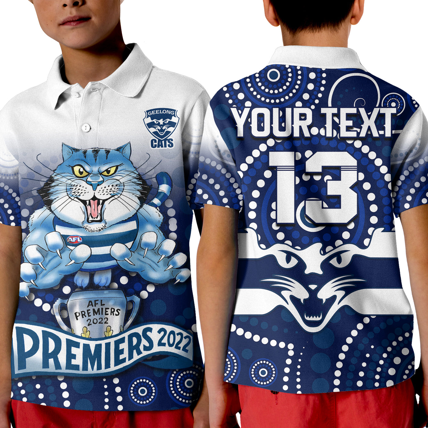 (Custom Text and Number) Cats Football Polo Shirt Aboriginal Australian Premiers 2022 Proud Geelong Cartoon - Vibe Hoodie Shop