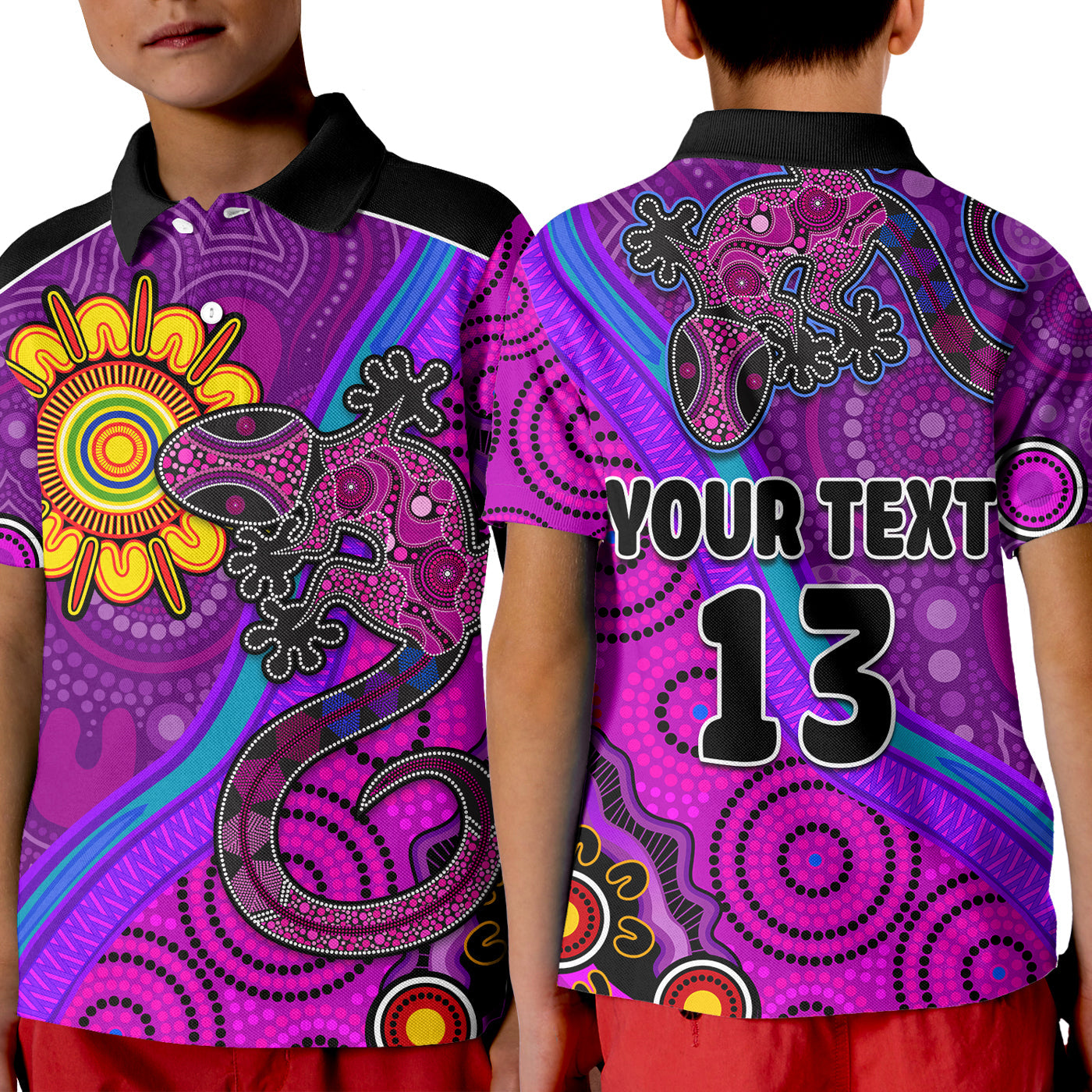 (Custom Text and Number) Australia Lizard and Sun Polo Shirt KID Aboriginal Art Purple - Vibe Hoodie Shop