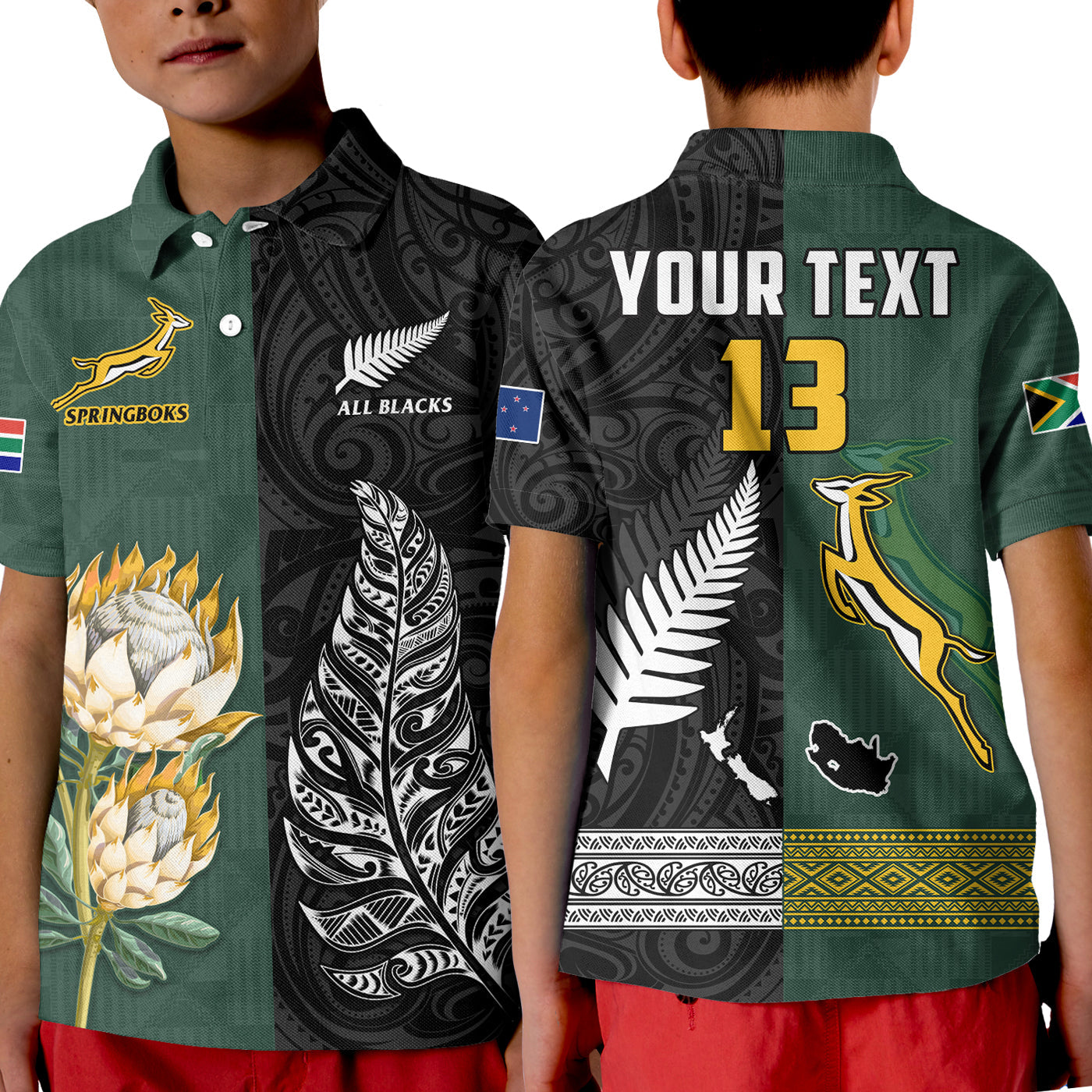 (Custom Text and Number) South Africa Protea and New Zealand Fern Polo Shirt Rugby Go Springboks vs All Black - Vibe Hoodie Shop