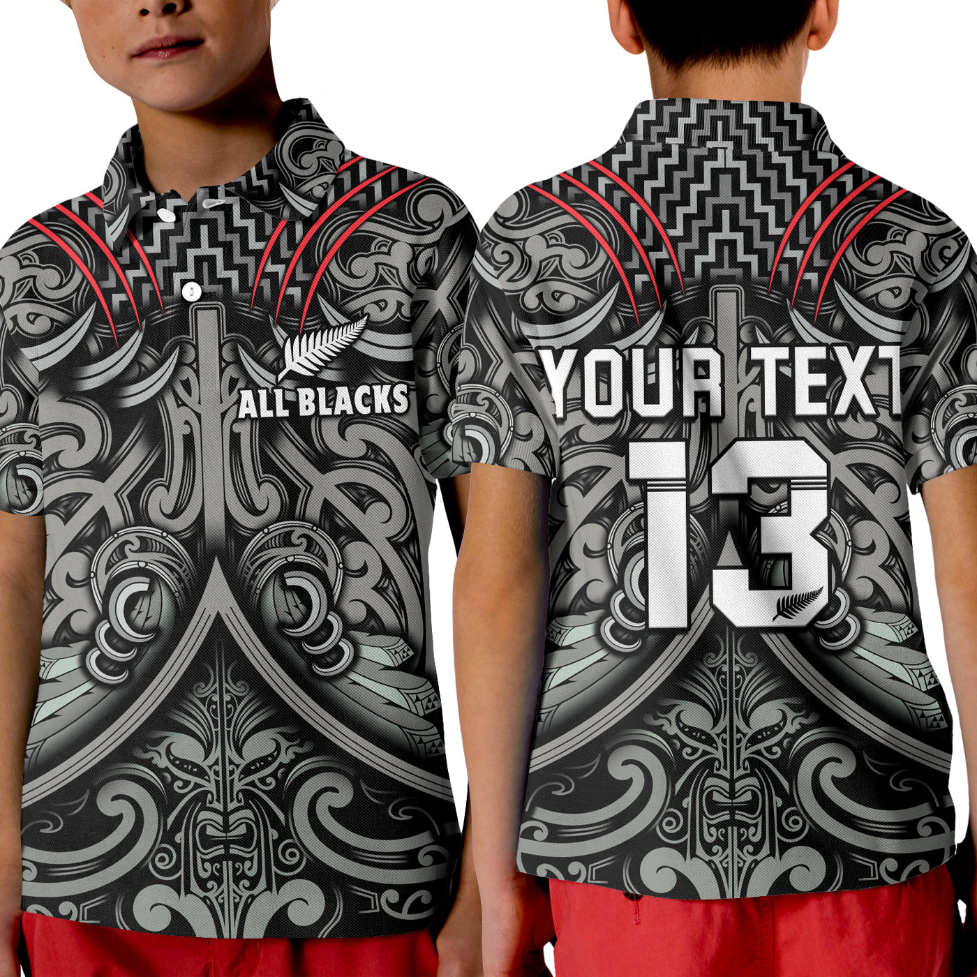 (Custom Text and Number) New Zealand Silver Fern Rugby Polo Shirt KID All Black NZ Maori Pattern - Vibe Hoodie Shop