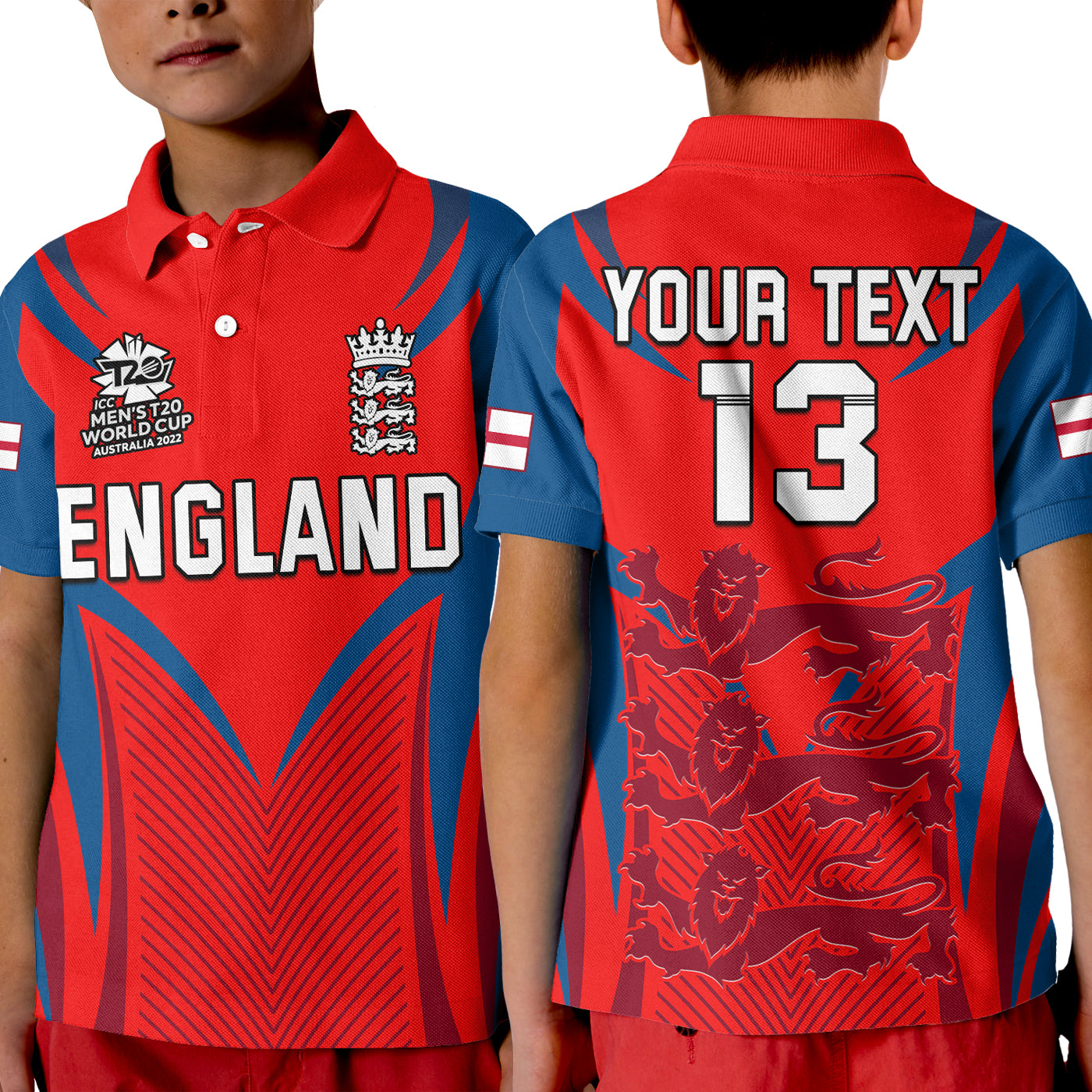 (Custom Text and Number) England Cricket Polo Shirt KID T20 World Cup Three Red Lions - Vibe Hoodie Shop