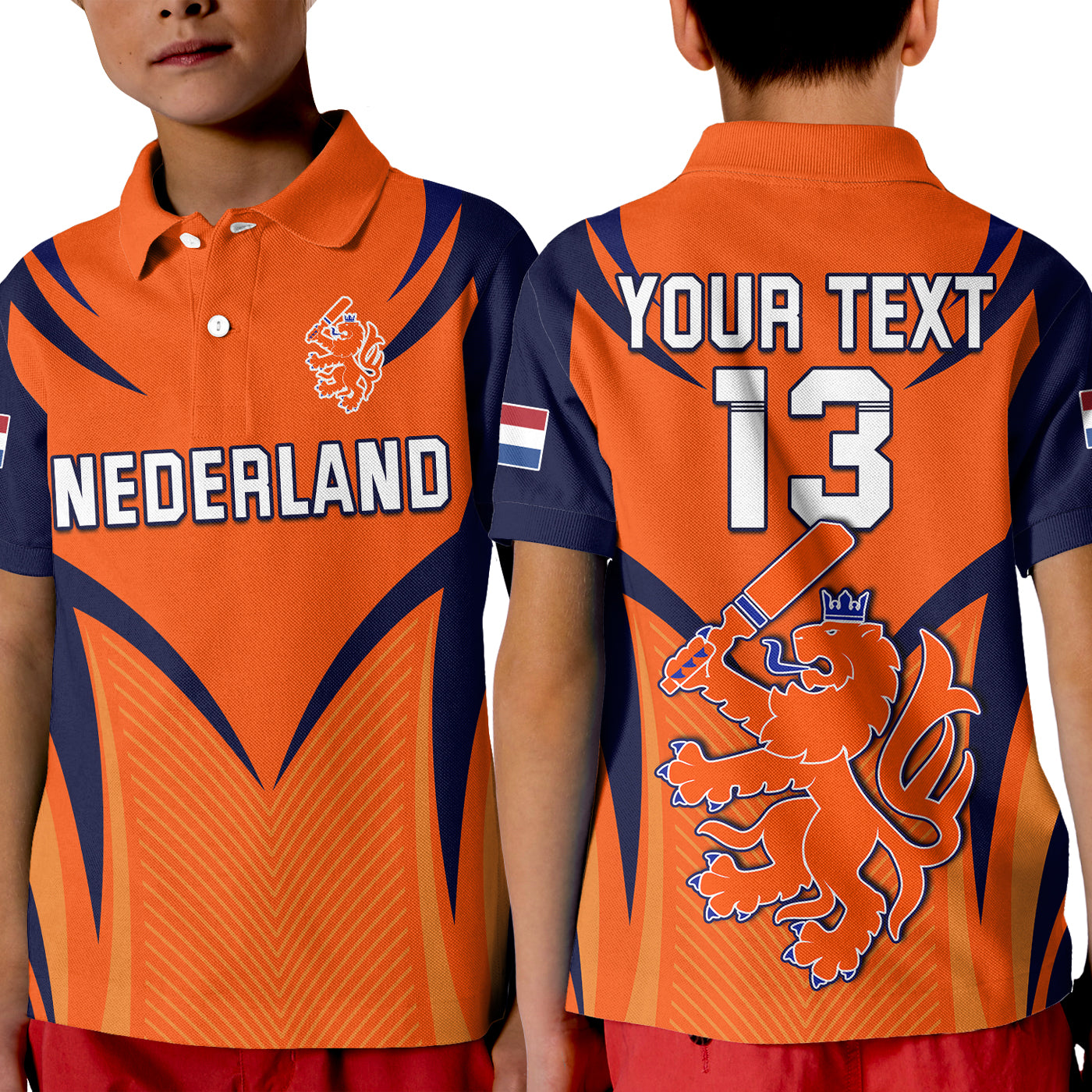 (Custom Text and Number) Netherlands Cricket Polo Shirt KID T20 World Cup Nederland Lion - Vibe Hoodie Shop