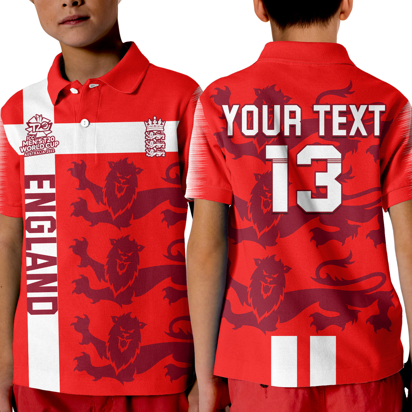 (Custom Text and Number) England Cricket Polo Shirt KID Lions Champions T20 World Cup - Vibe Hoodie Shop