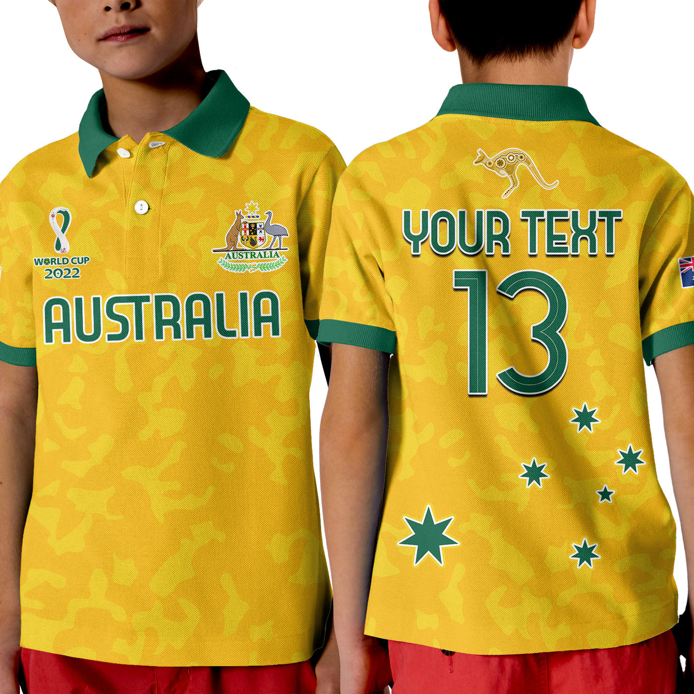 (Custom Text and Number) Australia Soccer Polo Shirt KID World Cup Football 2022 Socceroos with Kangaroos - Vibe Hoodie Shop