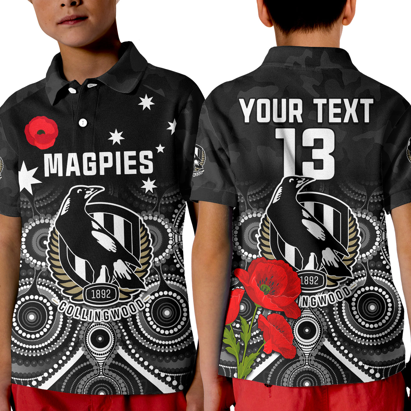 (Custom Text and Number) Magpies Football ANZAC Day Polo Shirt KID Aboriginal Poppy Flowers - Vibe Hoodie Shop