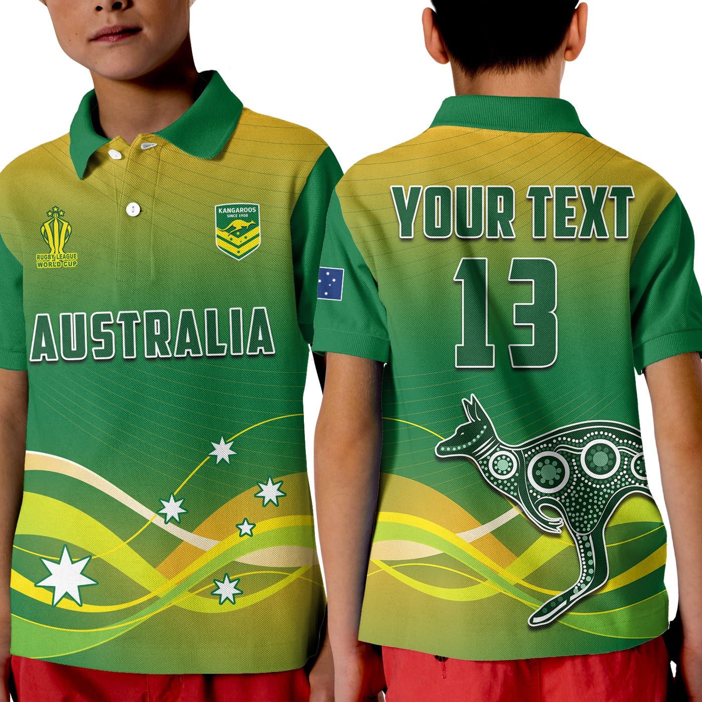 (Custom Text and Number) Australia Rugby Polo Shirt KID Champions RLWC Kangaroos World Cup Rugby - Vibe Hoodie Shop