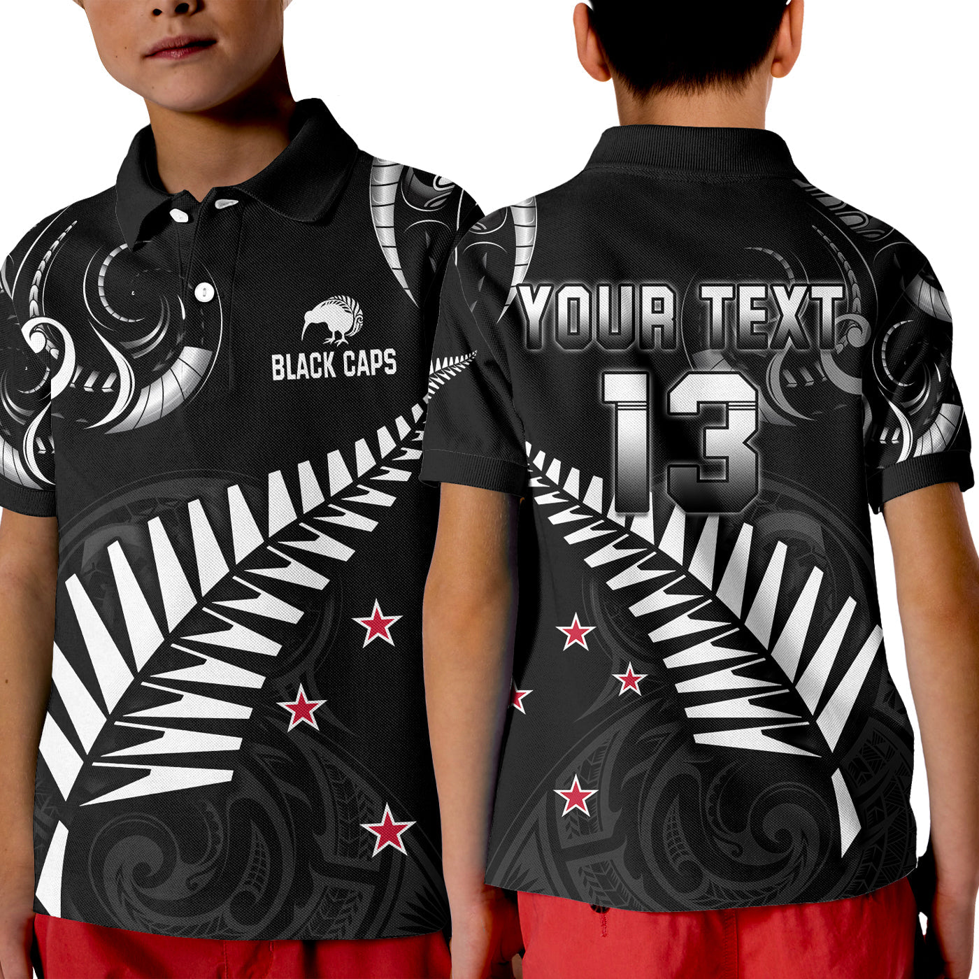 (Custom Text and Number) New Zealand Cricket Polo Shirt KID Go Black Cap Champions Mix Maori Kiwis - Vibe Hoodie Shop