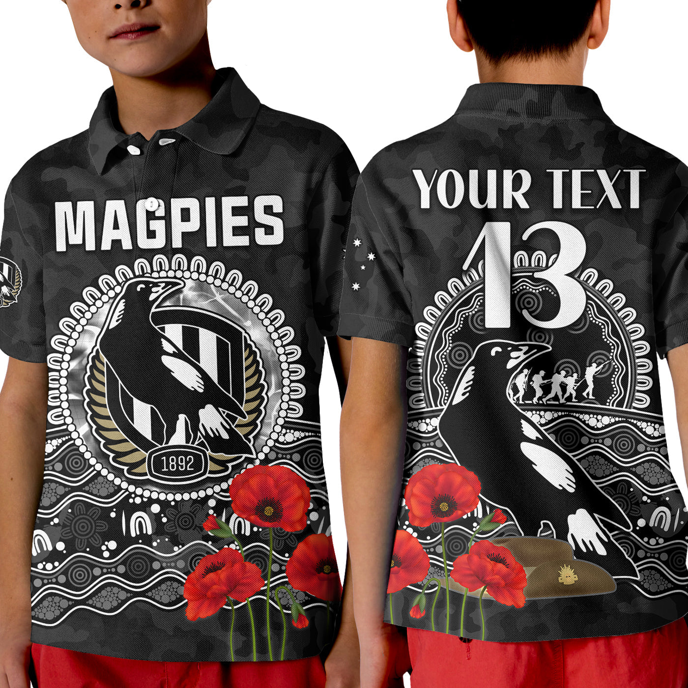 (Custom Text and Number) Magpies Football ANZAC Day Polo Shirt KID Speical Poppy mix Aboriginal - Vibe Hoodie Shop