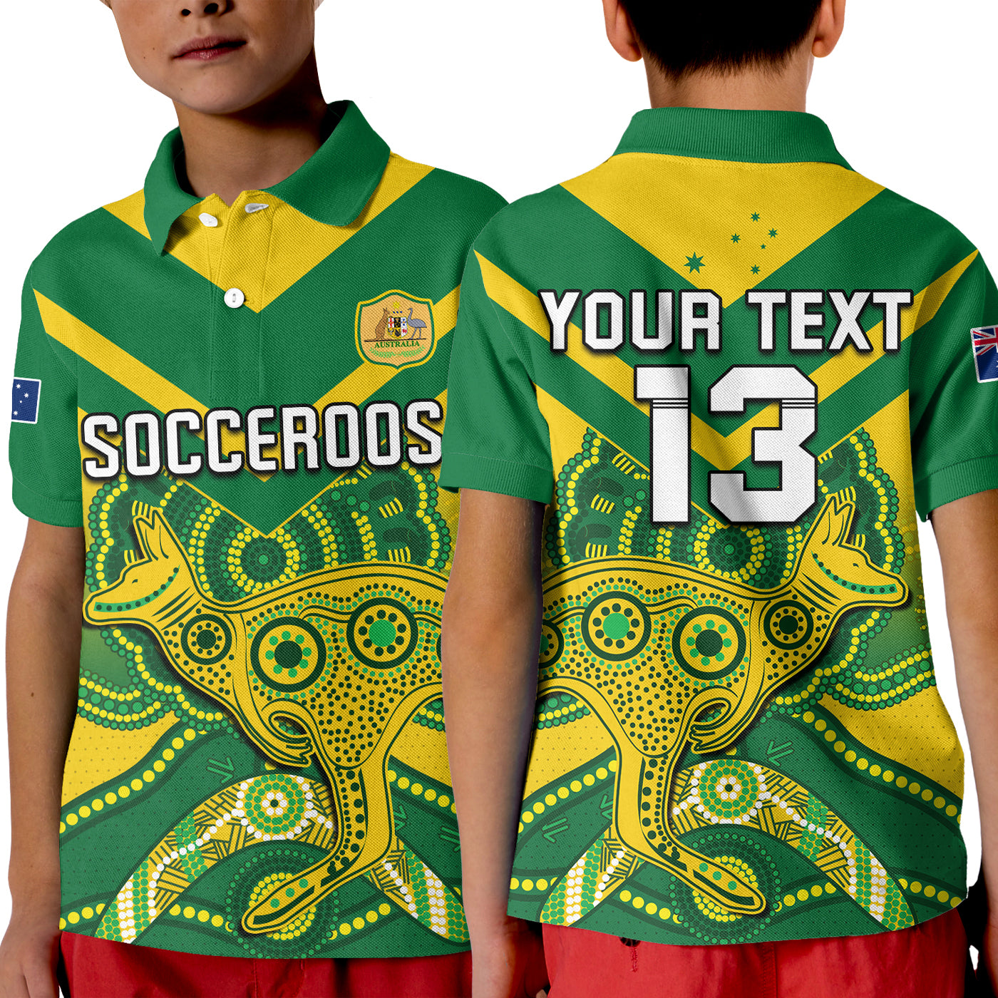 (Custom Text and Number) Australia Soccer Polo Shirt KID Champions Aboriginal Kangaroos World Cup Football Socceroos - Vibe Hoodie Shop