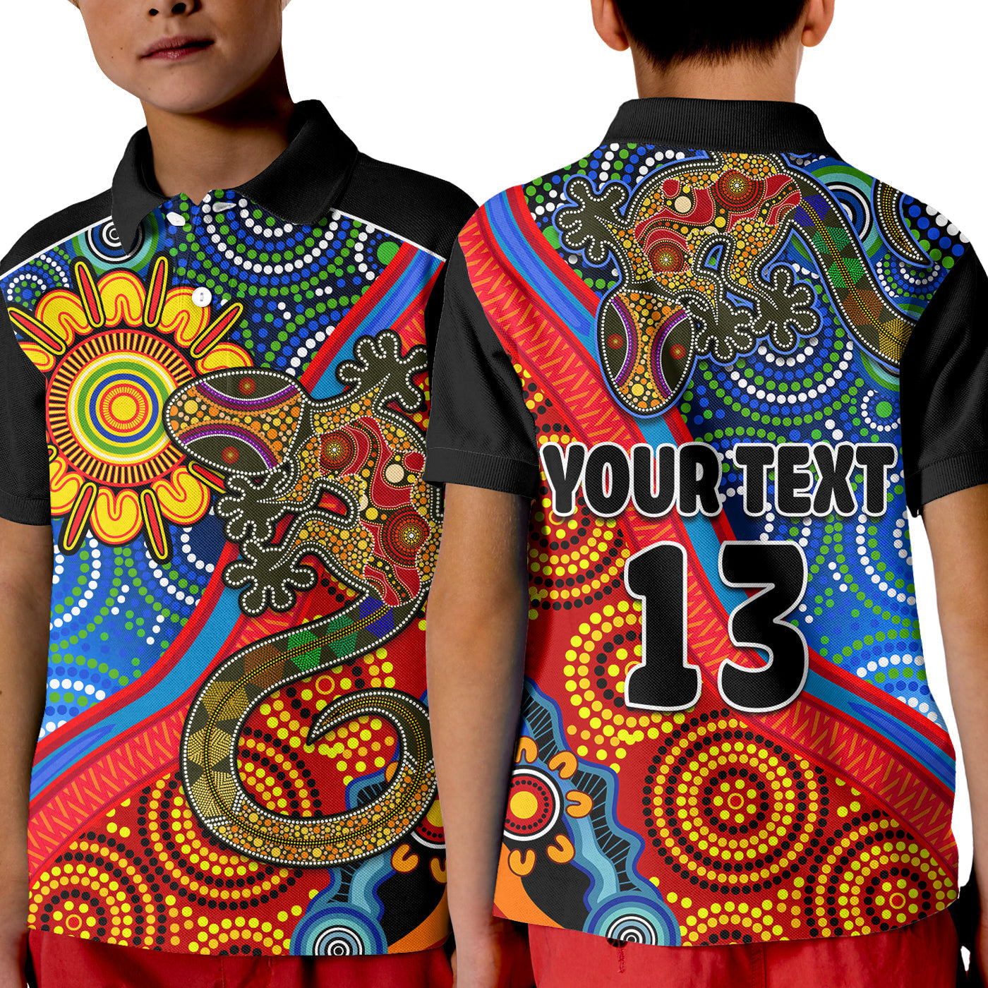 (Custom Text and Number) Australia Lizard and Sun Polo Shirt KID Aboriginal Art Speical - Vibe Hoodie Shop