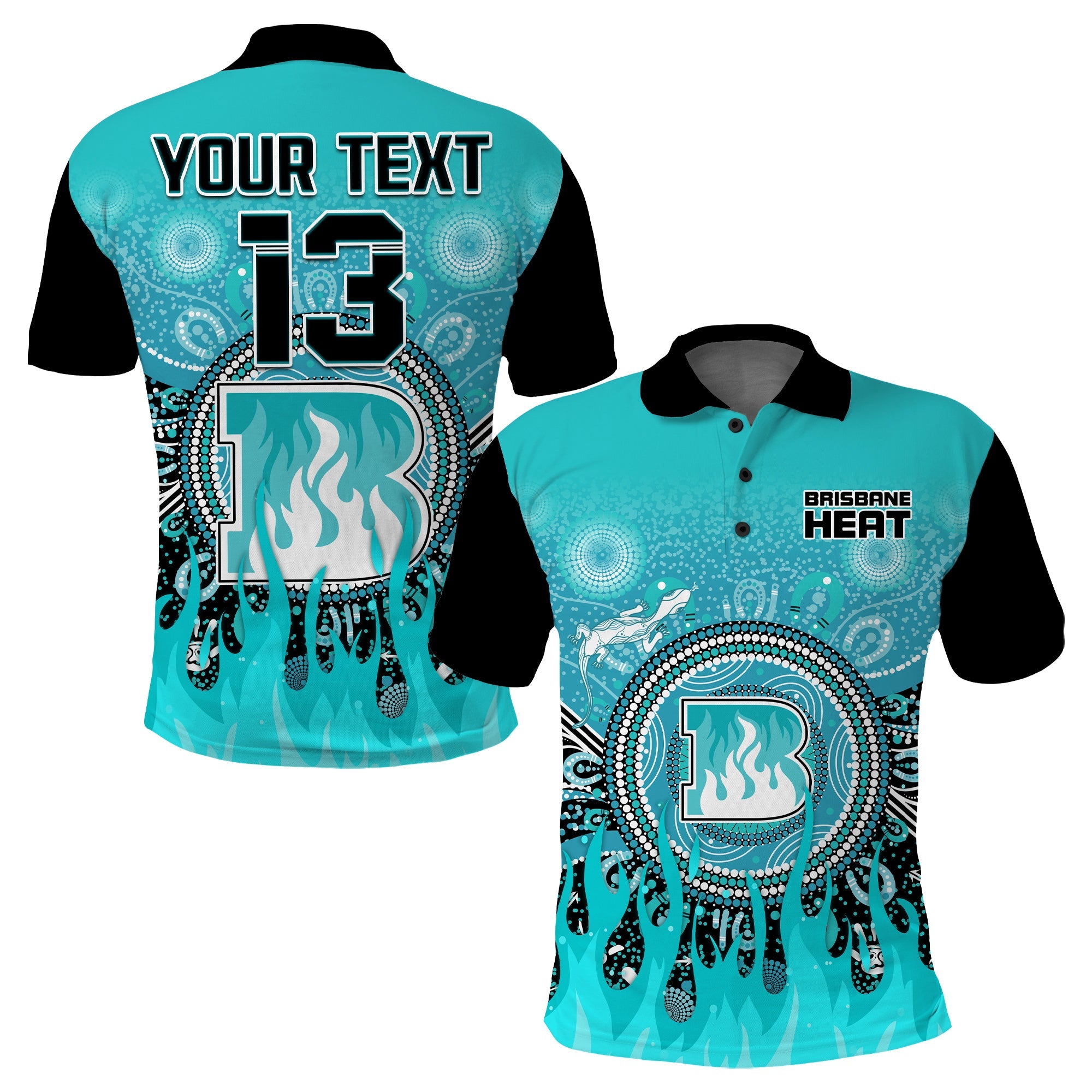 (Custom Text and Number) Brisbane Heat Polo Shirt Aboriginal Dot Fire Australia Cricket - Vibe Hoodie Shop