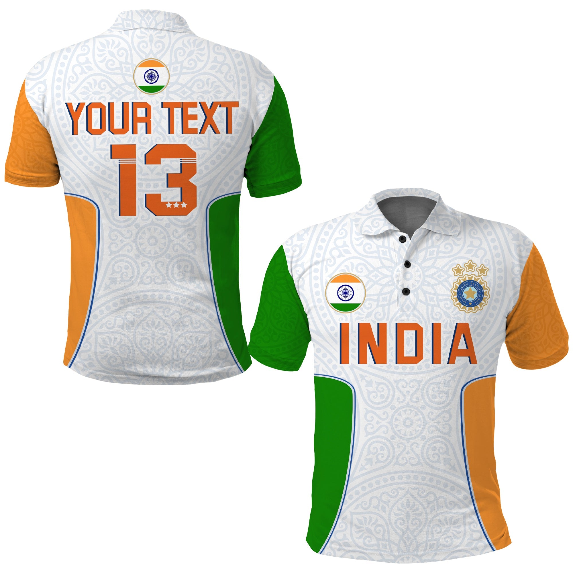 (Custom Text and Number) India Cricket Polo Shirt Champions Indian Sun Pattern Style Flag - Vibe Hoodie Shop