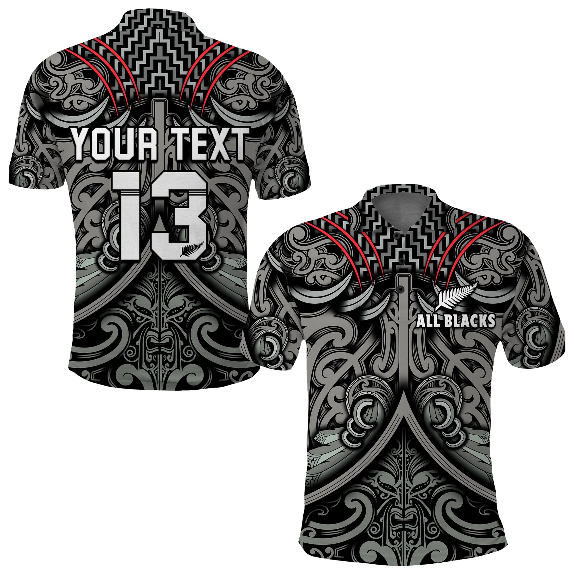 (Custom Text and Number) New Zealand Silver Fern Rugby Polo Shirt All Black NZ Maori Pattern - Vibe Hoodie Shop