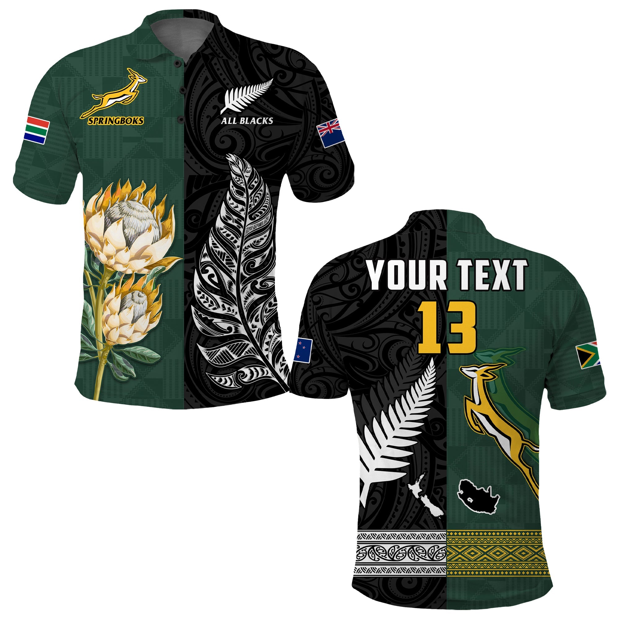 (Custom Text and Number) South Africa Protea and New Zealand Fern Polo Shirt Rugby Go Springboks vs All Black - Vibe Hoodie Shop