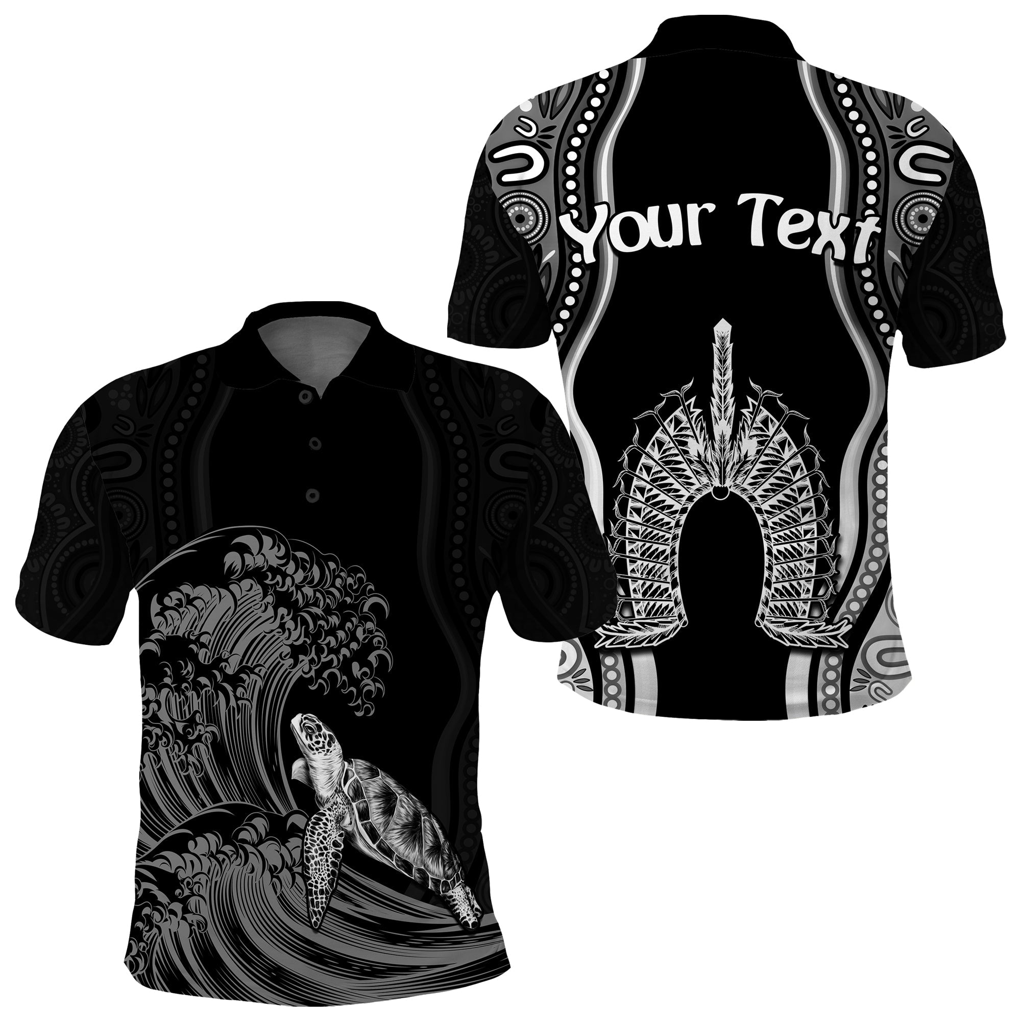 (Custom Personalised) Torres Strait Islands Polo Shirt The Dhari Mix Aboriginal Turtle Version Black - Vibe Hoodie Shop