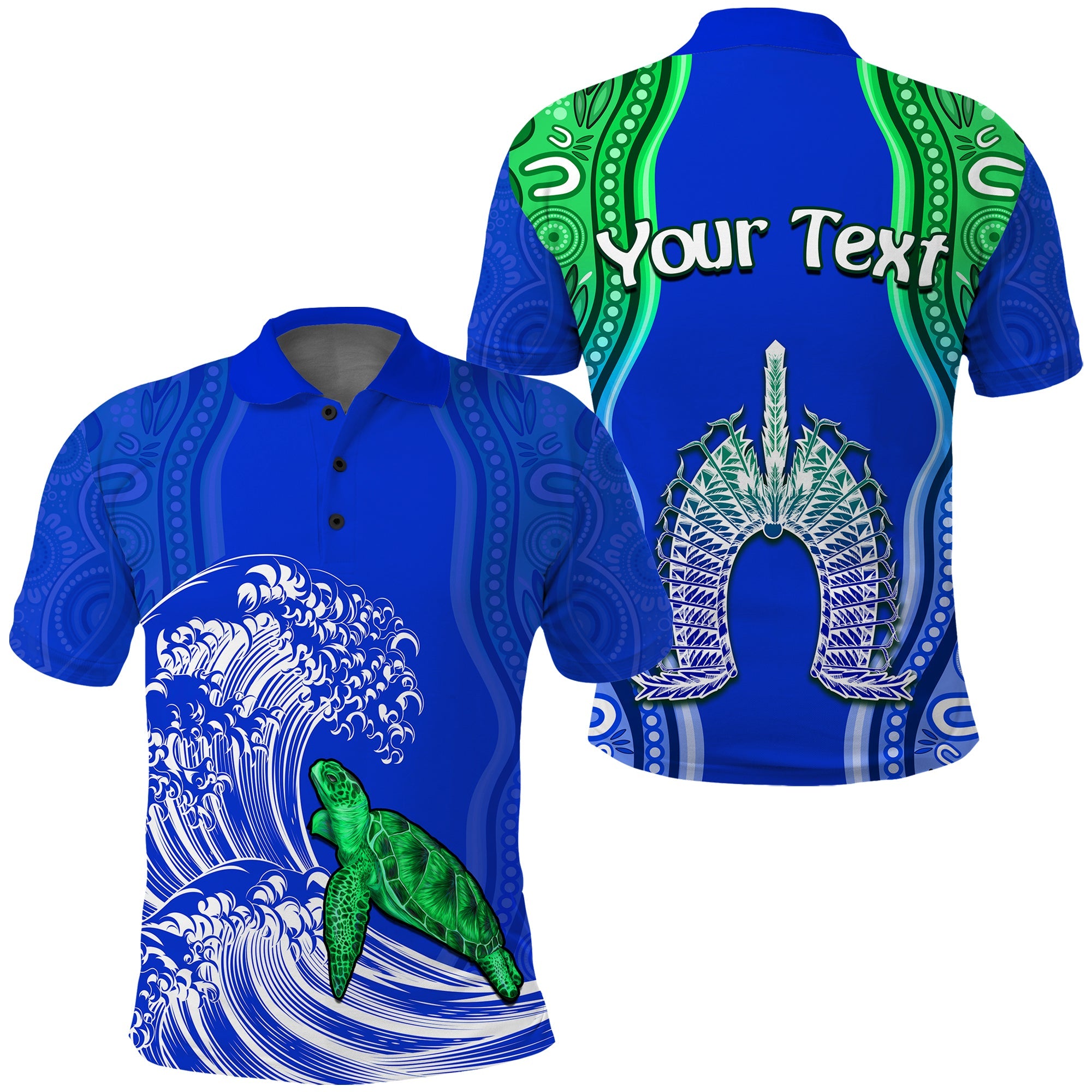 (Custom Personalised) Torres Strait Islands Polo Shirt The Dhari Mix Aboriginal Turtle Version Blue - Vibe Hoodie Shop