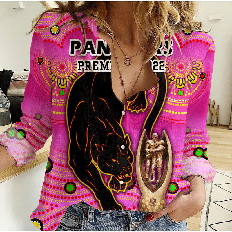 (Custom Personalised) Penrith Panthers Rugby Women Casual Shirt Pink Crouching Panther Premiers 2022 - Vibe Hoodie Shop