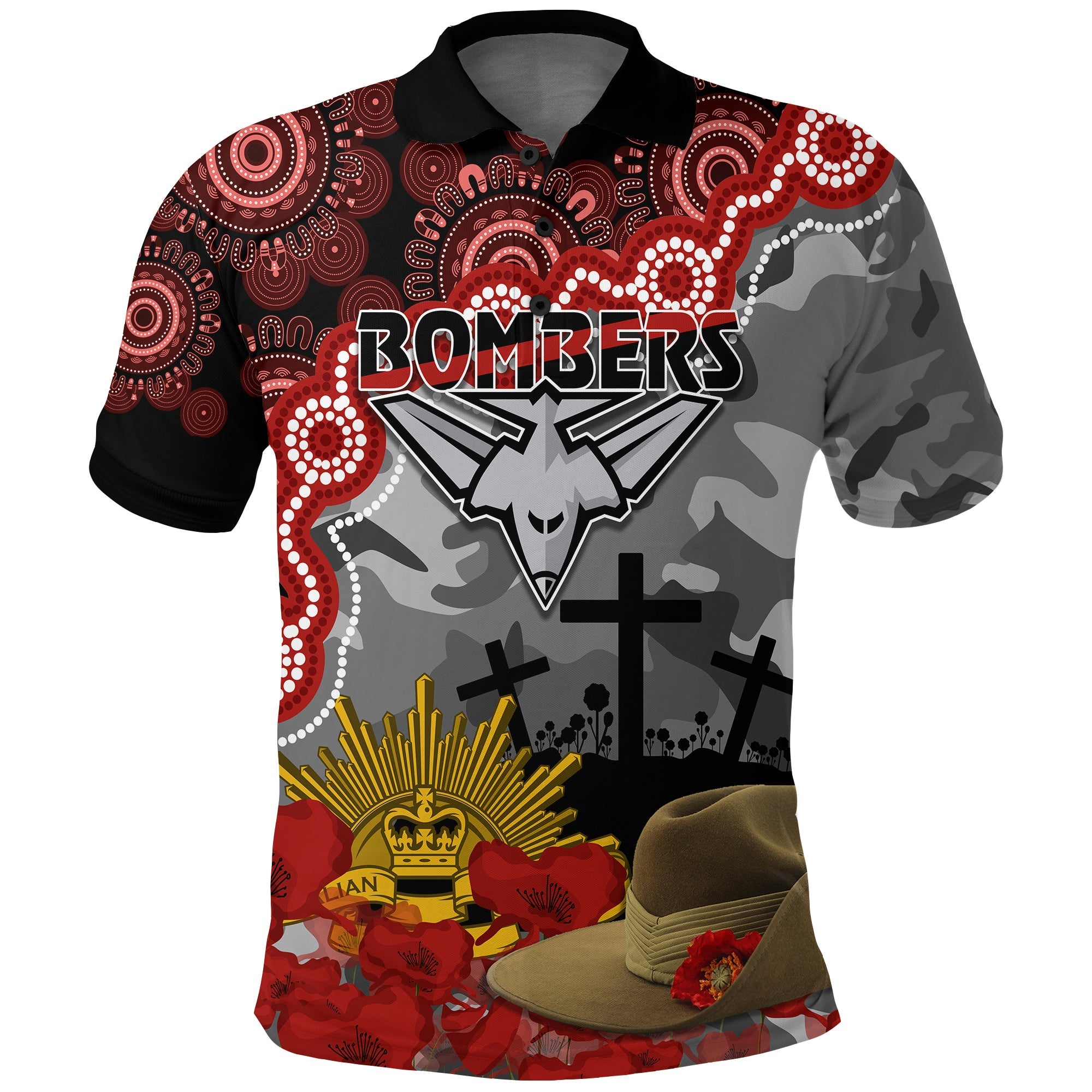 Bombers Football ANZAC 2023 Polo Shirt Aboriginal Mix Slouch Hat - Vibe Hoodie Shop