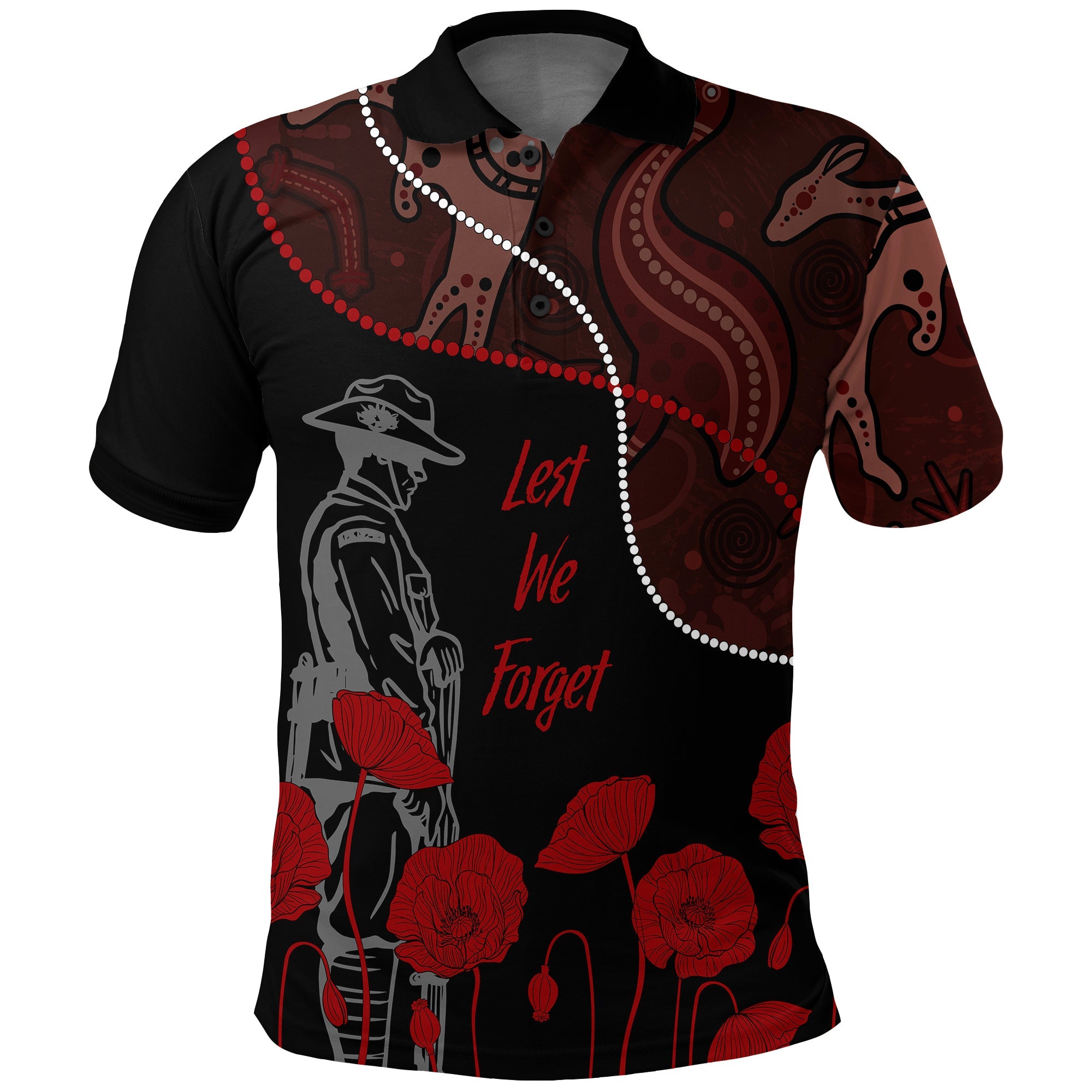 Australia ANZAC Day Polo Shirt Aboriginal Art With Poppies - Vibe Hoodie Shop