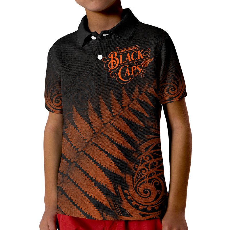 (Custom Personalised) New Zealand Kiwis Cricket Team Polo Shirt Black Caps Silver Fern Mixed Maori Pattern Version Orange LT9 - Vibe Hoodie Shop