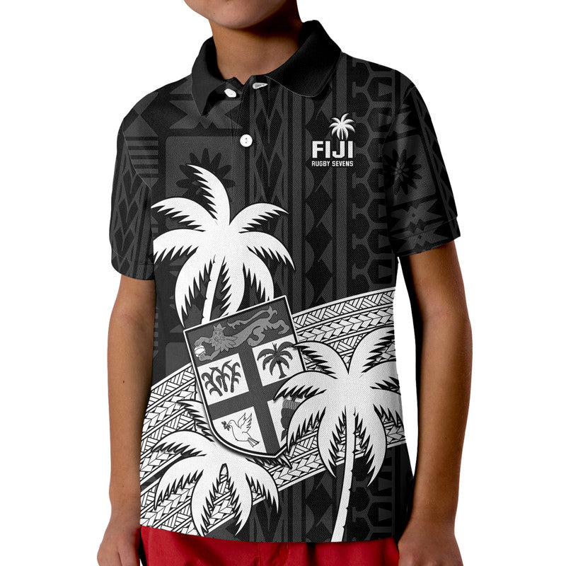 (Custom Text And Number) Fiji Rugby Sevens Kid Polo Shirt Tapa Palm Tree and Fijian Coat of Arms - Vibe Hoodie Shop