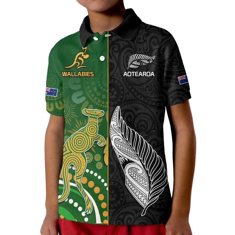 (Custom Personalised) Aotearoa Rugby All Black Combine Australia Wallabies Kid Polo Shirt Aboriginal Kangaroo And Maori Fern - Vibe Hoodie Shop