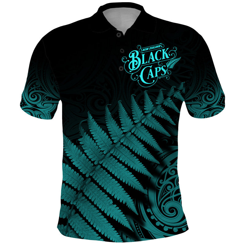 (Custom Personalised) New Zealand Kiwis Cricket Team Polo Shirt Black Caps Silver Fern Mixed Maori Pattern Version Turquoise LT9 - Vibe Hoodie Shop