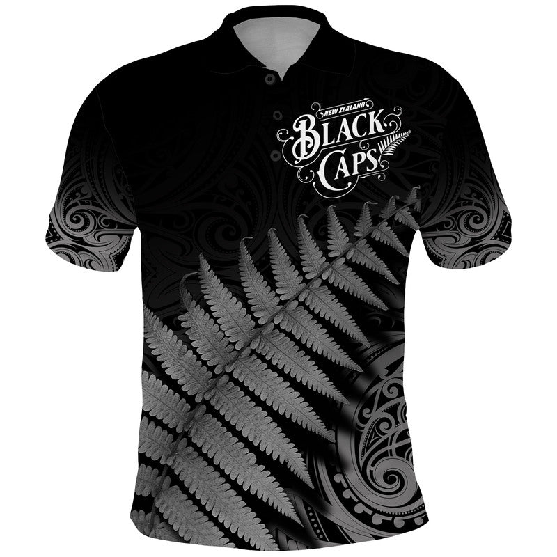 New Zealand Kiwis Cricket Team Polo Shirt Black Caps Silver Fern Mixed Maori Pattern Version Black LT9 - Vibe Hoodie Shop