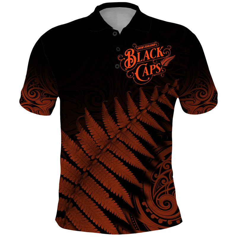 (Custom Personalised) New Zealand Kiwis Cricket Team Polo Shirt Black Caps Silver Fern Mixed Maori Pattern Version Orange LT9 - Vibe Hoodie Shop