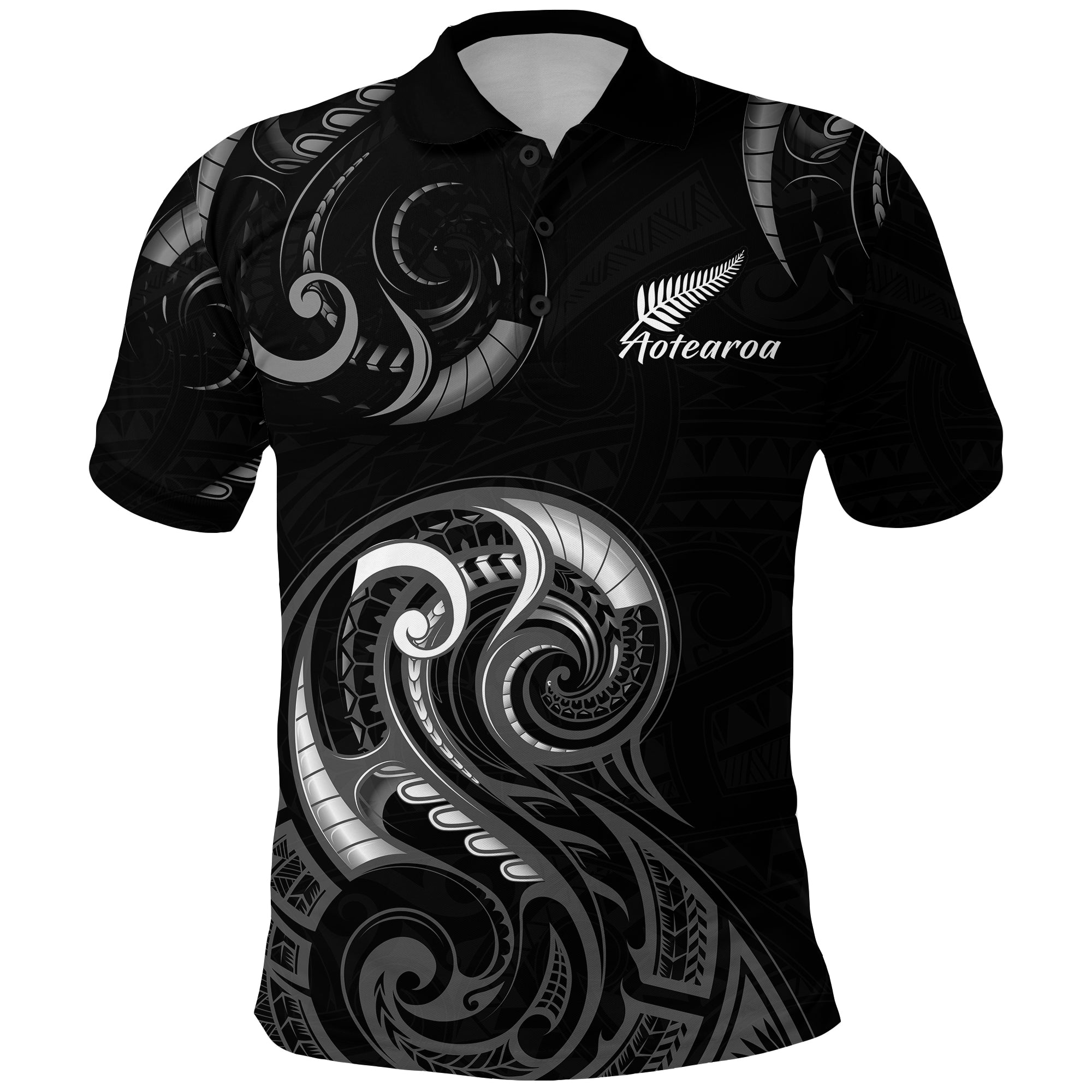 Aotearoa Fern Polo Shirt Maori Pattern Version Black - Vibe Hoodie Shop