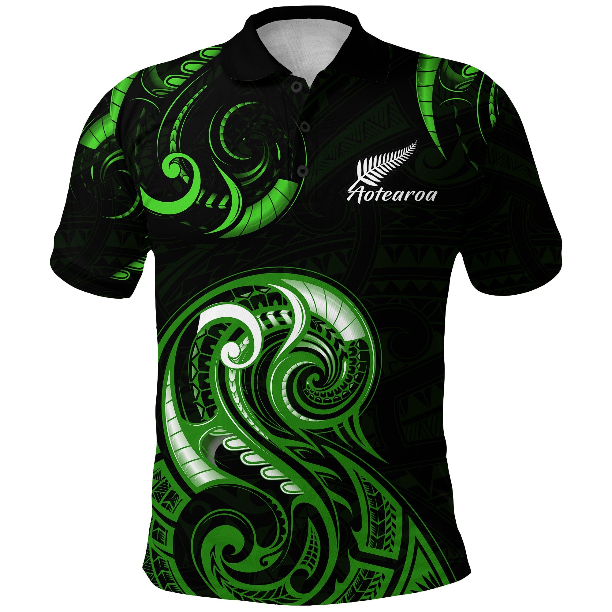 Aotearoa Fern Polo Shirt Maori Pattern Version Green - Vibe Hoodie Shop