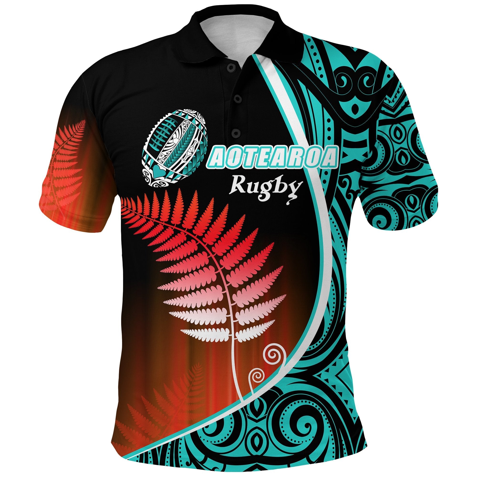 Aotearoa Rugby Black Maori Polo Shirt Kiwi and Silver Fern New Zealand - Blue - Vibe Hoodie Shop