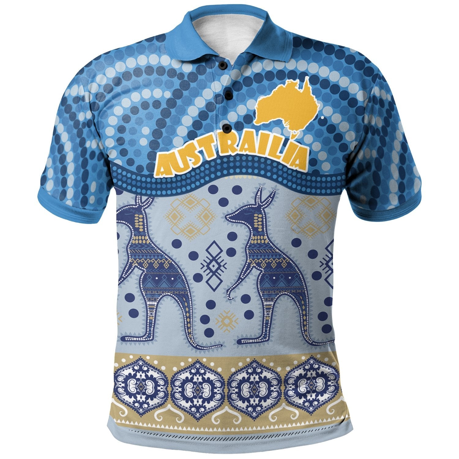 Aussie Aboriginal Polo Shirt Map and Kangaroo Style Blue - Vibe Hoodie Shop