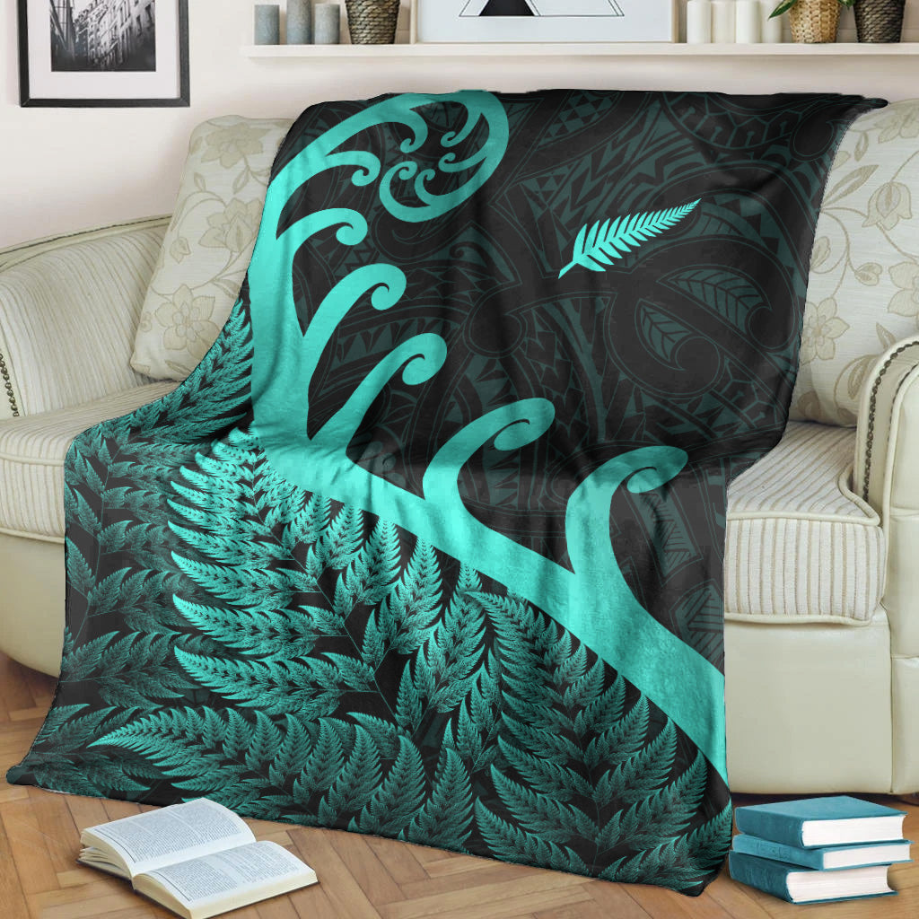 New Zealand Rugby Maori Premium Blanket Silver Fern Koru Vibes - Turquoise - Vibe Hoodie Shop