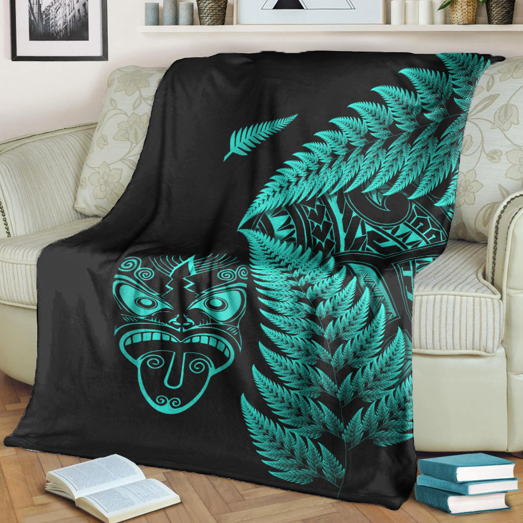 New Zealand Haka Rugby Maori Premium Blanket Silver Fern Vibes - Turquoise - Vibe Hoodie Shop