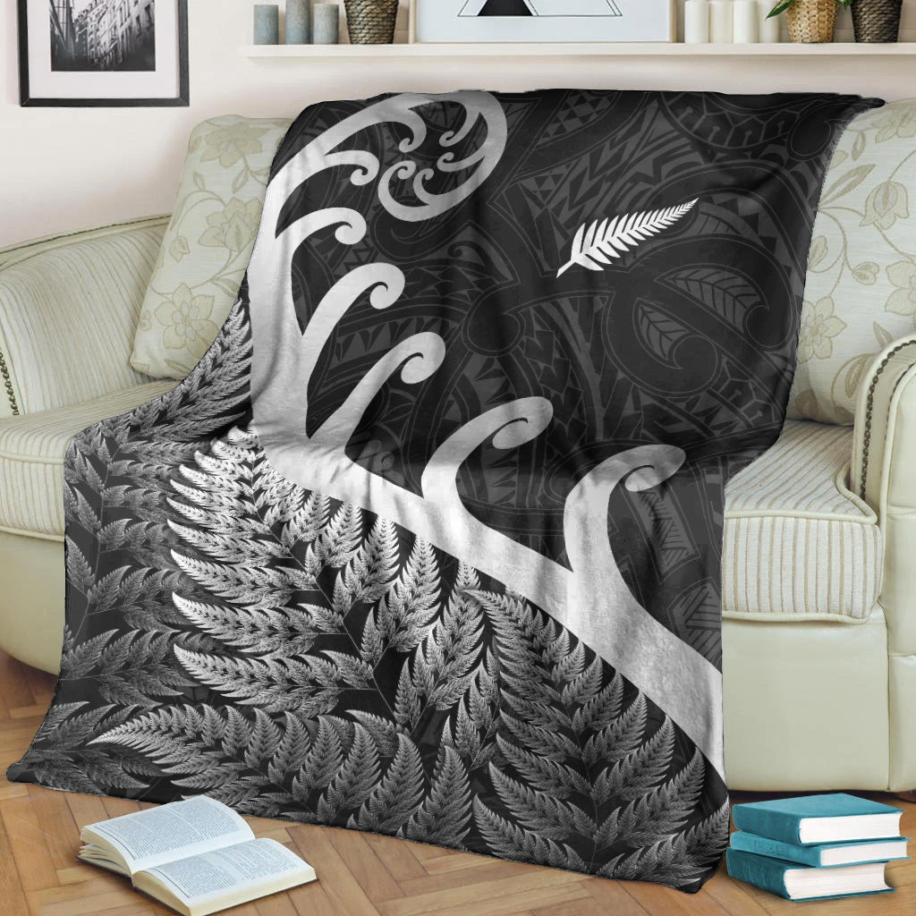 New Zealand Rugby Maori Premium Blanket Silver Fern Koru Vibes - Black - Vibe Hoodie Shop