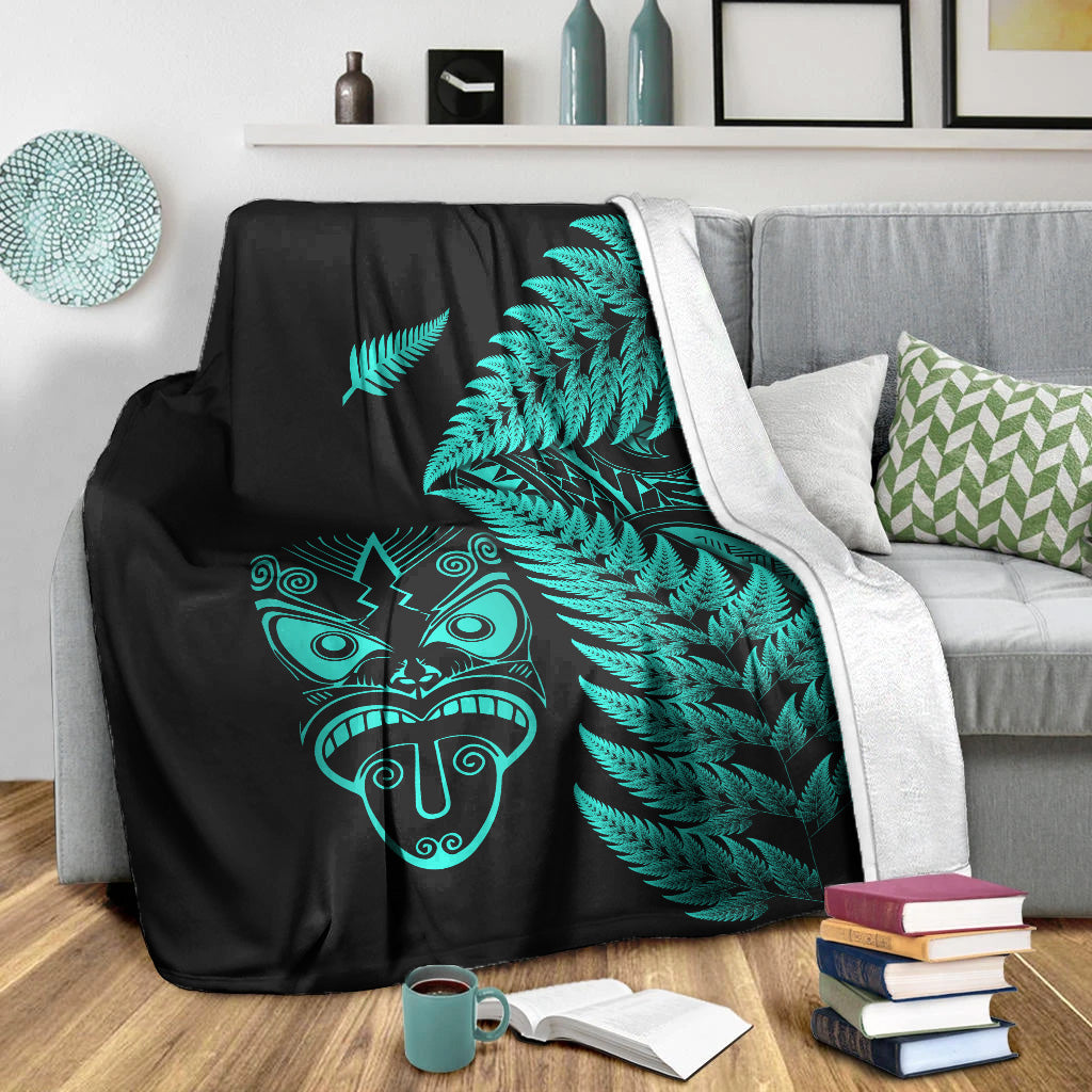 New Zealand Haka Rugby Maori Premium Blanket Silver Fern Vibes - Turquoise - Vibe Hoodie Shop